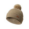 Womens Winter Solid Color Wool Knitted Fur Ball Beanie Cap Earmuffs Warm Outdoor Casual Hats - Beige