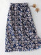 تنورة نسائية بخصر مطاطي مطبوع عليها أزهار مع جيب - أزرق غامق