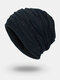 Men Winter Plus Velvet Plain Color Striped Pattern Outdoor Knitted Warm Beanie Hat - Navy