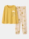 Plus Size Women Cartoon Printing Cotton Cozy Long Pajama Sets - Yellow