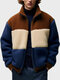 Giacca casual invernale da uomo in pile patchwork con zip frontale a blocchi di colore - Marrone