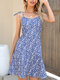 Summer Holiady Floral Print Strap Knotted Backless Women Sexy Dress - Blue