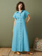 Полосатый лацкан с короткими рукавами на пуговицах Рубашка Maxi Платье - синий