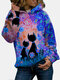 Cartoon Cat Print Long Sleeve Hoodie For Women - Blue