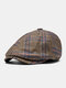 Men Woolen Cloth Blended Vintage Lattice Elastic Adjustable Warmth British Forward Hat Beret Flat Cap - Khaki