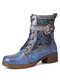 Socofy Retro Ethnic Floral Embroidered Genuine Leather Buckle Decor Side-zip Comfy Chunky Heel Short Boots - Sky Blue