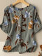 Casual Flower Print Button Front Short Sleeve Crew Neck Blouse - Green