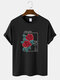 Mens Rose Japanese Graphic Crew Neck Cotton Short Sleeve T-Shirts - Black