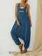 Daisy Embroidered Pockets Drop-crotch Button Jumpsuit - Blue