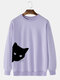 Mens Black Cat Print 100% Cotton Crew Neck Casual Pullover Sweatshirt - Purple