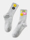 Women Cotton Smile Face Letters Patterned Cloth Label Breathable Medium Stockings Socks - Grey