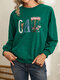 Cartoon Cat Print Long Sleeve O-neck Sweatshirt For Women - Green