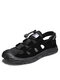 Men Microfiber Leather Breathable Hollow Out Casual Beach Sandals - Black