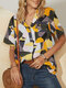 Colorblocks Printed Lapel Short Sleeve Button Blouse - Yellow