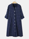 Plaid Print Button Pocket Long Sleeve Casual Shirt Dress for Women - Navy