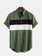 Mens 100% Cotton Light Breathable Color Block Patchwork Short Sleeve Shirt - Green