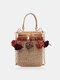 JOSEKO Women's Straw Travel Holiday Cylindrical Tassel Flower Ethnic Woven Bag Cylindrical Bucket Bag - Beige
