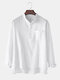 Mens Solid Color Cotton Linen Stand Collar Long Sleeve Henley Shirts With Pocket - White