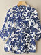 Plant Print Button Stand Collar Casual Blouse - Blue