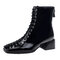 Women Fashion Solid Color Lace-up Back Zipper Comfy Wearable Square Toe Short Boots - Black