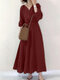 Solid Button Elastic Waist V Neck Casual Maxi Dress - Wine Red