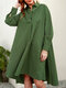 Casual A-Line Solid Color Pleated Long Sleeve Irregular Shirt Dress - Army Green