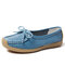 Women Breathable Hollow Leather Round Toe Butterfly Knot Flats - Blue