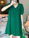 Plain Puff Sleeve V Neck Thigh Length Casual Dress - Green