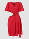 فستان قصير بأكمام قصيرة وفتحة رقبة على شكل V وسحّاب - أحمر