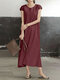 Women Solid Short Sleeve Casual Crew Neck Dress - Wine Red