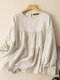 Women Solid Tiered Design Crew Neck Cotton Long Sleeve Blouse - Apricot