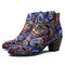 SOCOFY Folkways Pattern Retro Velvet Cloth Round Toe Zipper Block Heel Ankle Boots - Blue