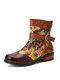 Socofy Retro Ethnic Floral Print Leather Patchwork Buckle Side-zip Soft Comfy Flat Short Boots - Camel