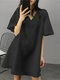 Solid A-line Bell Sleeve V-neck Loose Casual Dress - Black
