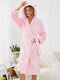 Women Fluffy Plush 3D Ear Double Pocket Solid Cozy Hooded Robe With Belt - Pink