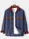 Mens Corduroy Ethnic Embroidered Ribbon Patchwork Lapel Button Casual Jackets - Blue