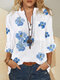 Flower Print Pocket Long Sleeve Button V-neck Blouse - White