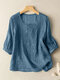 Women Floral Embroidered Crew Neck Cotton 3/4 Sleeve Blouse - Blue