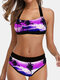 Plus Size Women Sexy Printing Halter Backless Bikini Swimsuit - Purple