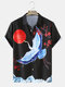 Mens Crane Print Japanese Style Short Sleeve Regular Hem Shirt - Black