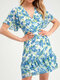 Floral Print Ruffle V-neck Short Sleeve Dress For Women - Blue