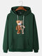 Mens Cartoon Bear Graphic Cotton Drawstring Hoodies With Pouch Pocket - Green