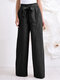 Women Elastic Waist Solid Color Casual Pants - Black