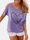 Letters Heart Printed O-neck Off Shoulder Blouse - Light Purple