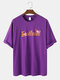 Mens Flamingo Letter Print Round Neck Loose Cotton Short Sleeve T-Shirts - Purple