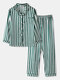 Women Faux Silk Colored Vertical Stripe Lapel Collar Long Pajamas Sets With Pocket - Green