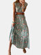Floral Printed Sleeveless V-neck Belt Maxi Dress - Green