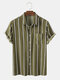 Mens Striped Color Chest Pocket Short Sleeve Shirts - Army Green