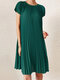 Women Solid Pleated Crew Neck Casual Short Sleeve Dress - Green