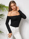 Solid Off-shoulder Long Sleeve Skinny T-shirt For Women - Black
